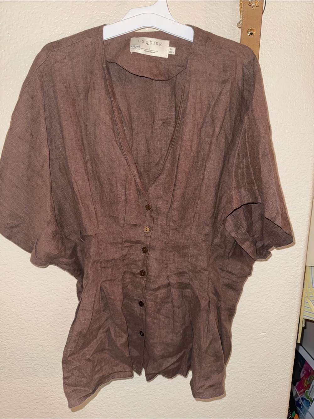 Exquise Brown Button-Front Linen Blend Women's Top